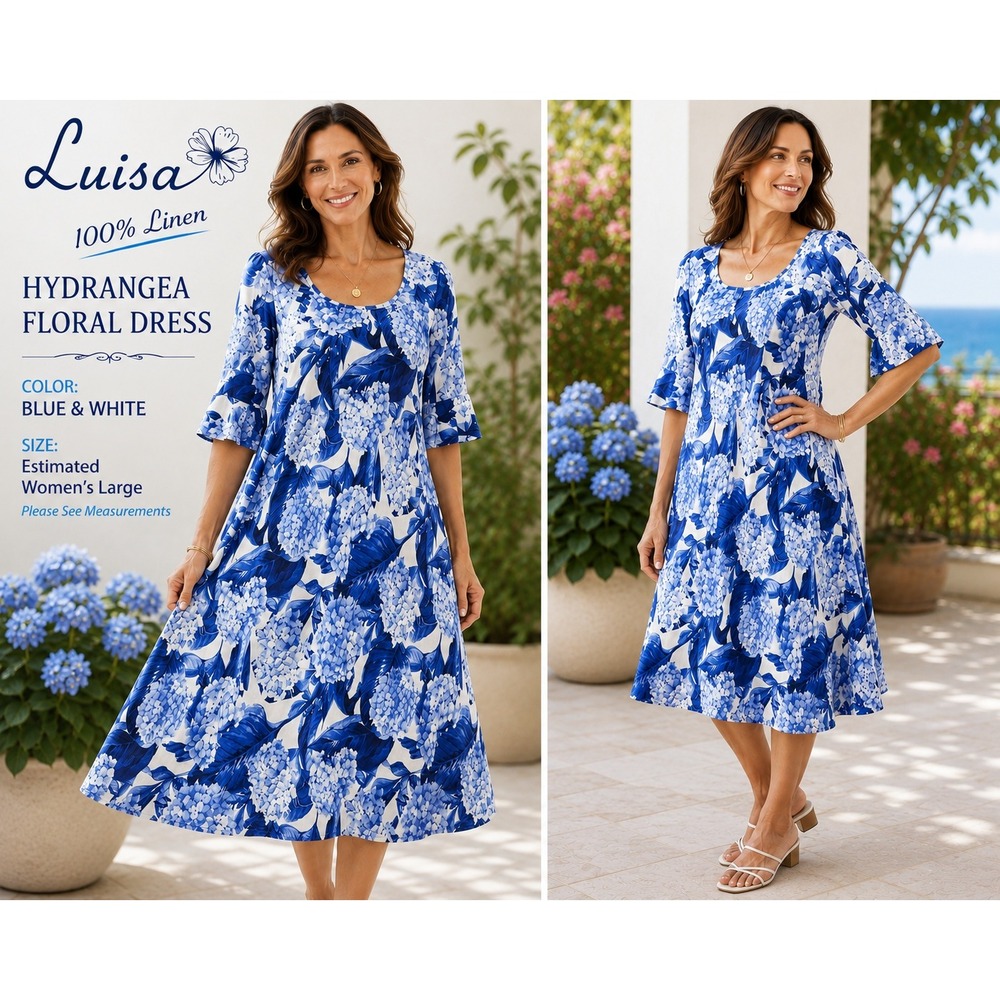 Luisa Positano 100% Linen Dress Blue White Hydrangea Floral Made Italy L/XL 1849